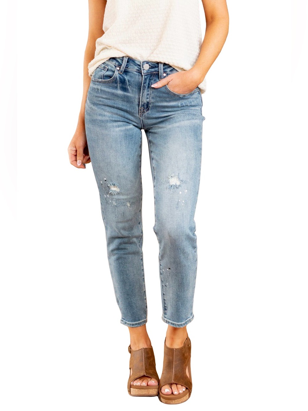 RISEN | SIZE 29 | PEYTON MID RISE TAPERED DISTRESSED JEAN PAINT SPLATTER DESIGN - Picture 4 of 10